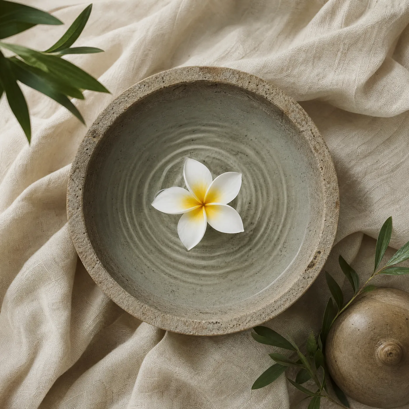 A single frangipani flower floating in a shallow stone bowl of water