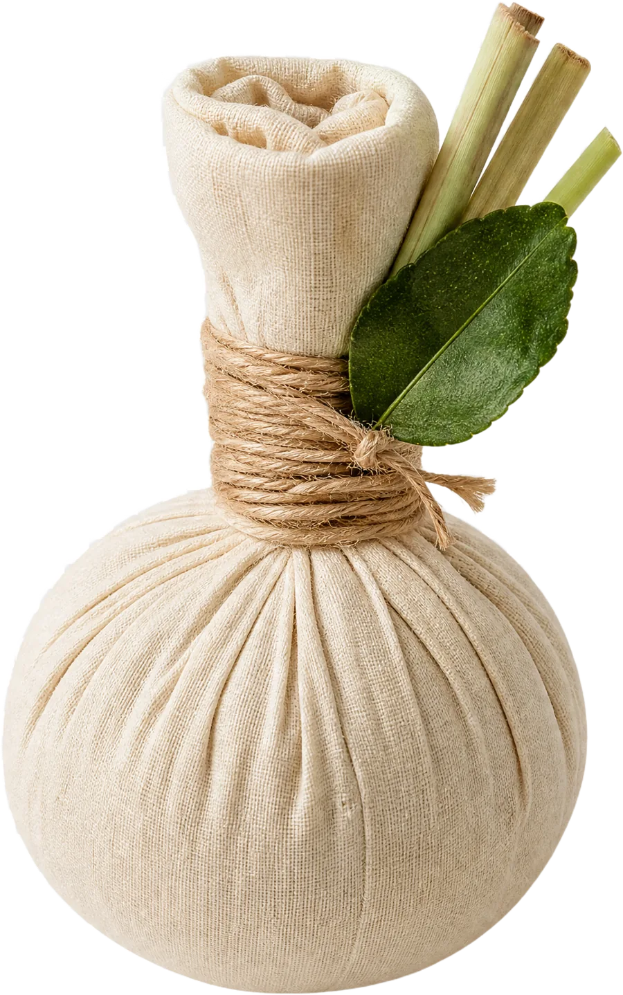 A Thai herbal compress tied with twine, resting on a wooden ledge