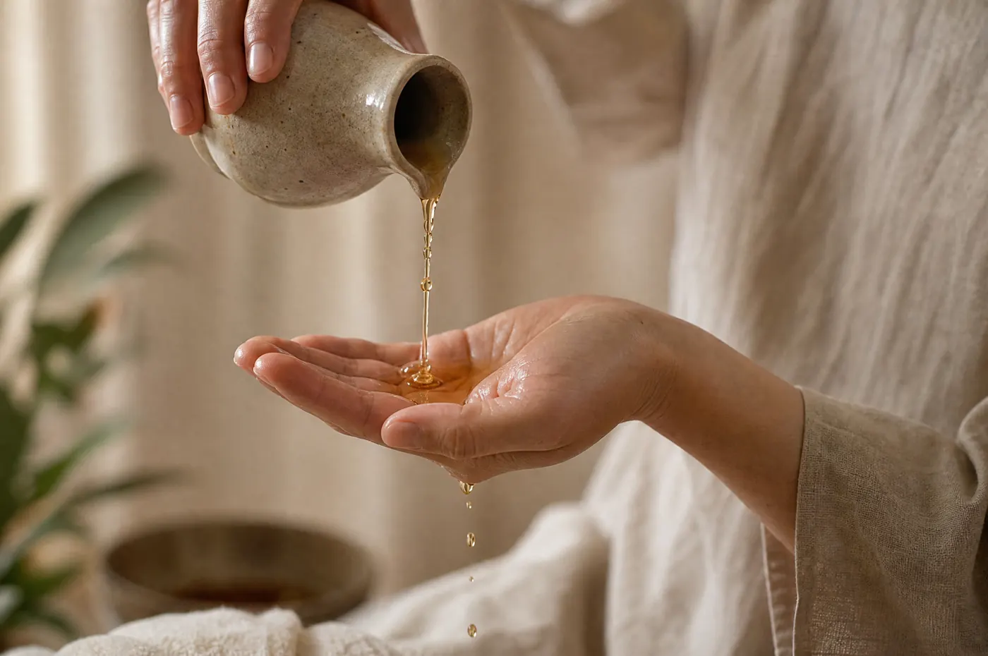 Warm oil poured from a small ceramic jug into an open palm