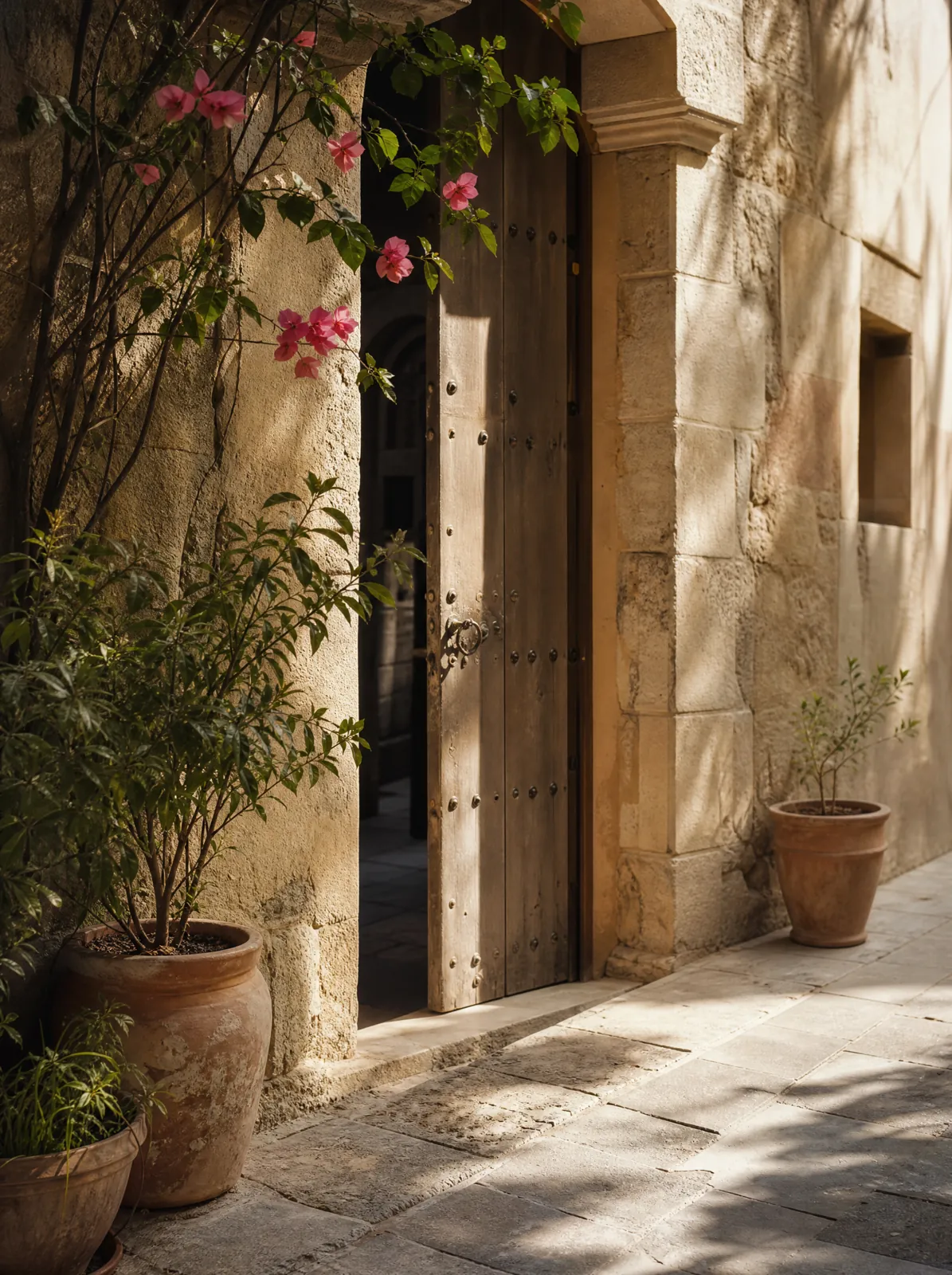 A sunlit old-town street with a wooden door, a sandstone wall and potted plants